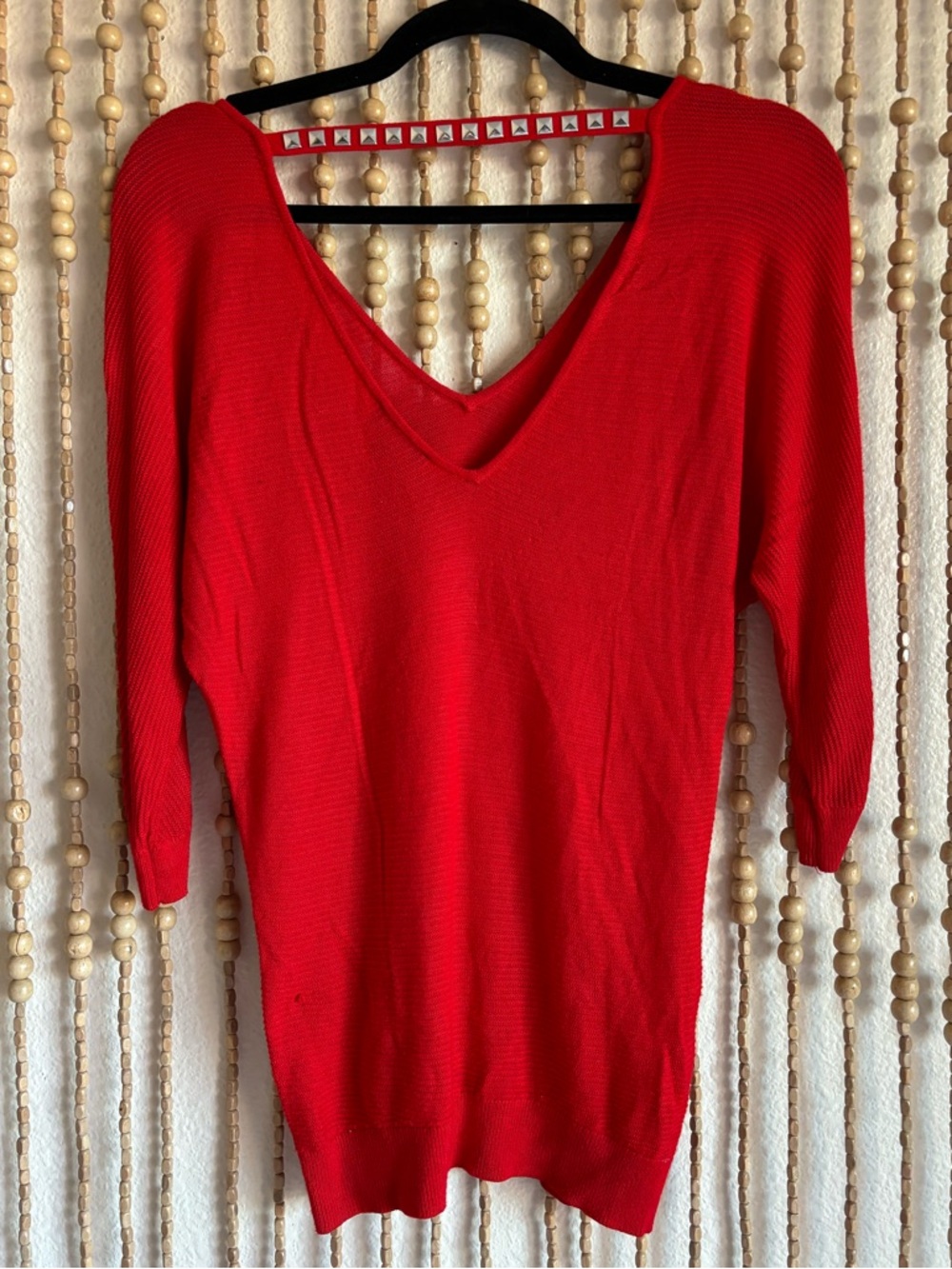 Express Y2K 2000s Bright Red Silver Studded Knit Dolman Stretch V Neck Top XS